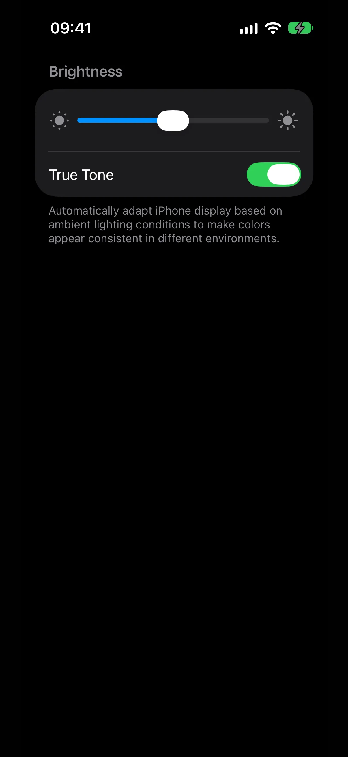 A brightness slider flanked by a small and a large sun icon above a True Tone toggle