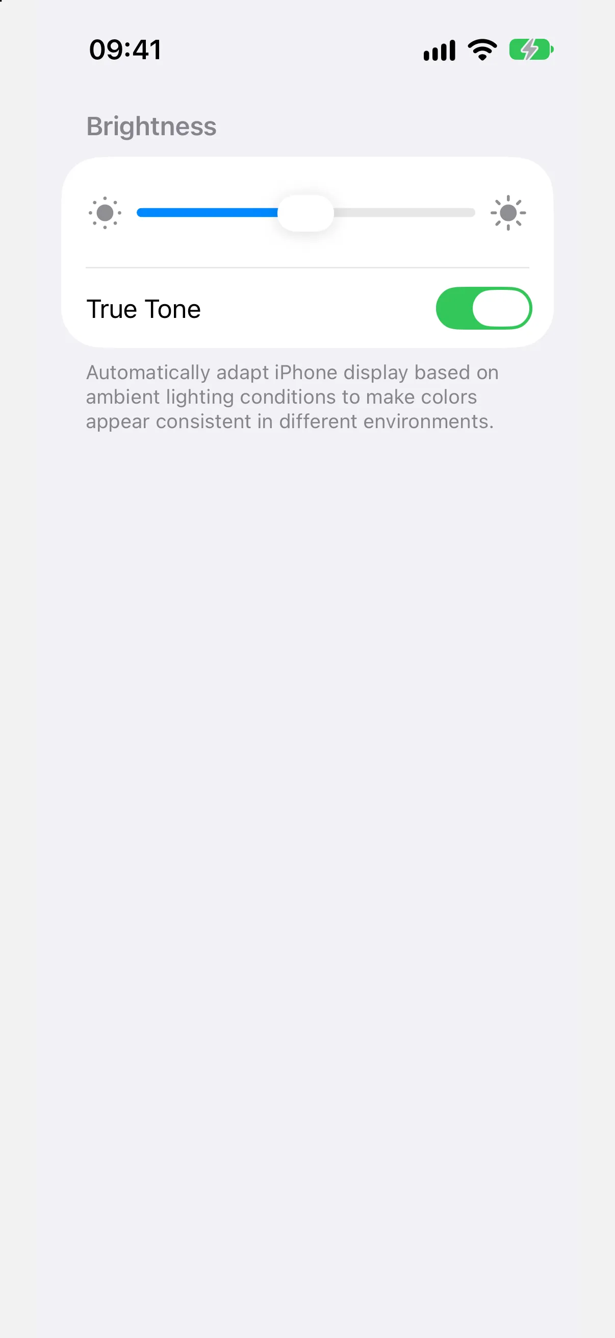 A brightness slider flanked by a small and a large sun icon above a True Tone toggle