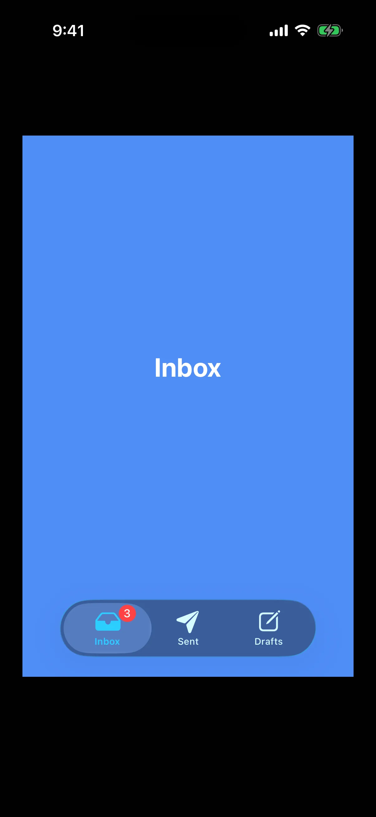 A blue Inbox page above a tab bar with Inbox, Sent, and Drafts, where Inbox carries a red badge reading 3