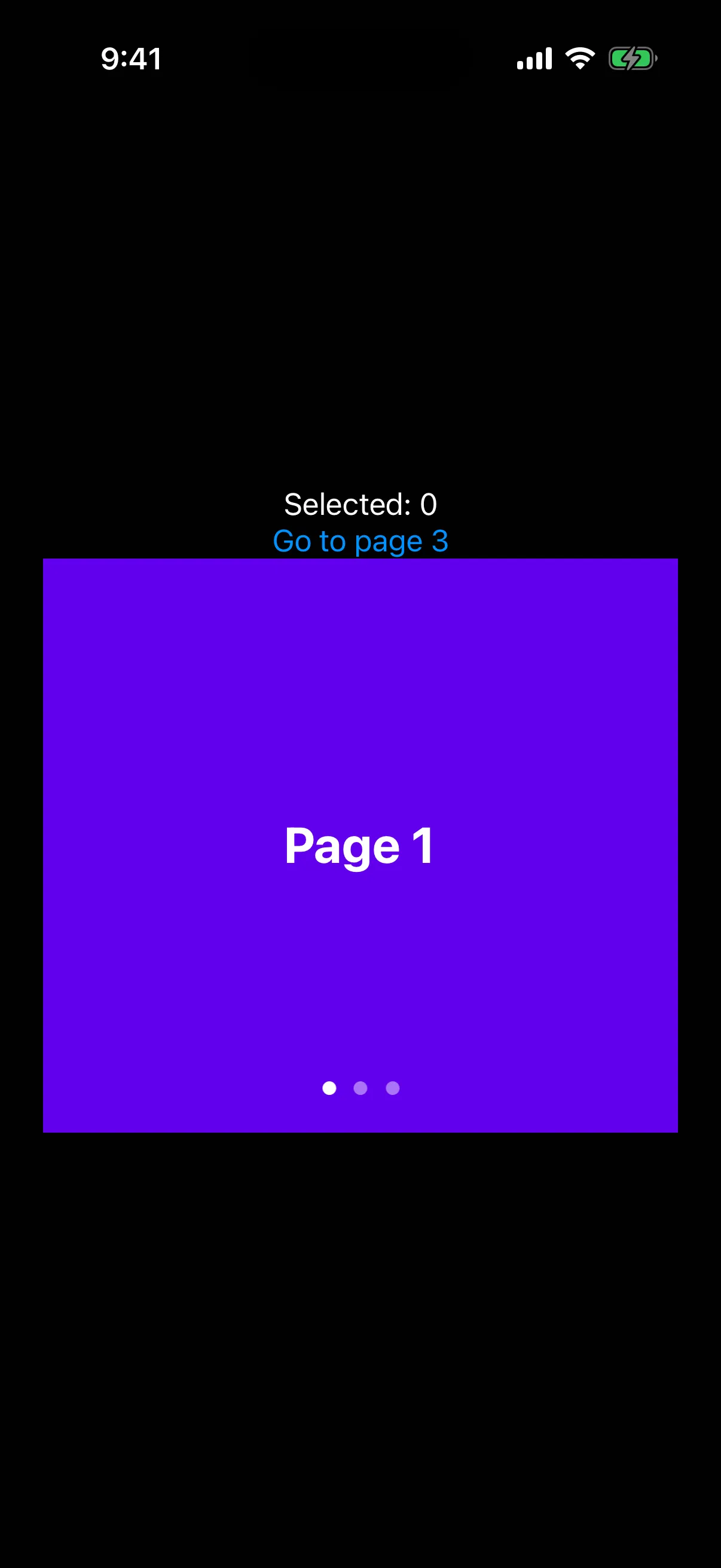 A Selected 0 readout and a Go to page 3 button above a purple pager page labeled Page 1