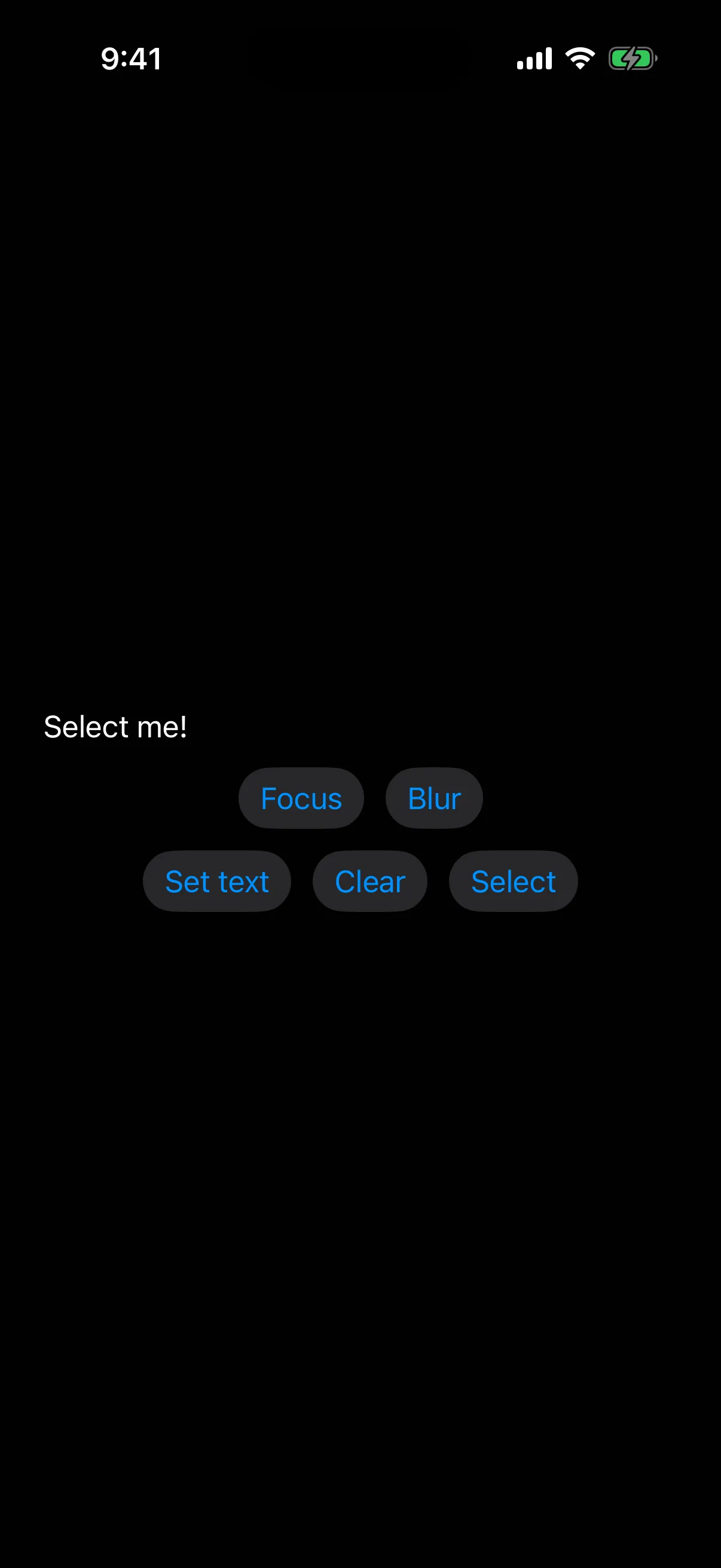A text field reading Select me! above a row of Focus, Blur, Set text, Clear, and Select buttons