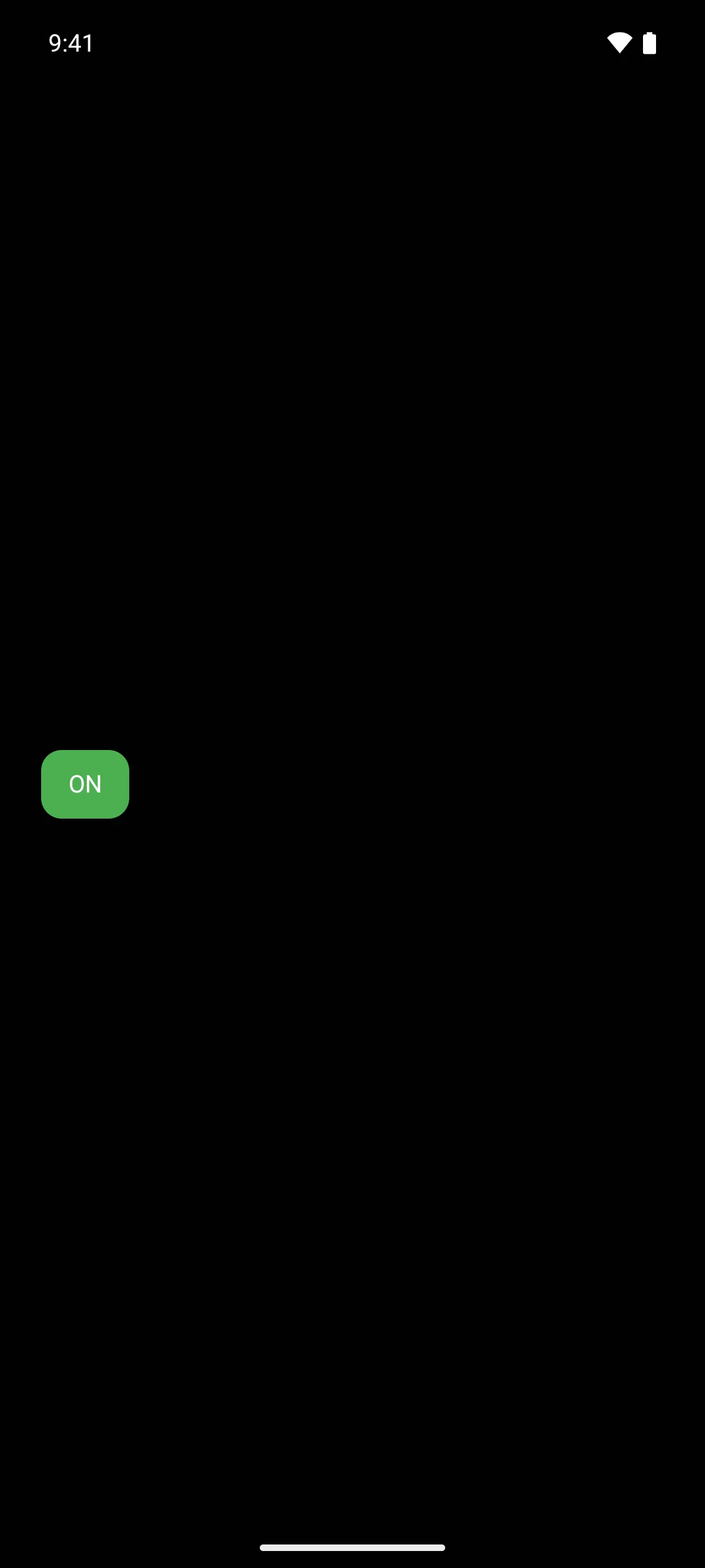 A checked toggle button with a green container and white ON label