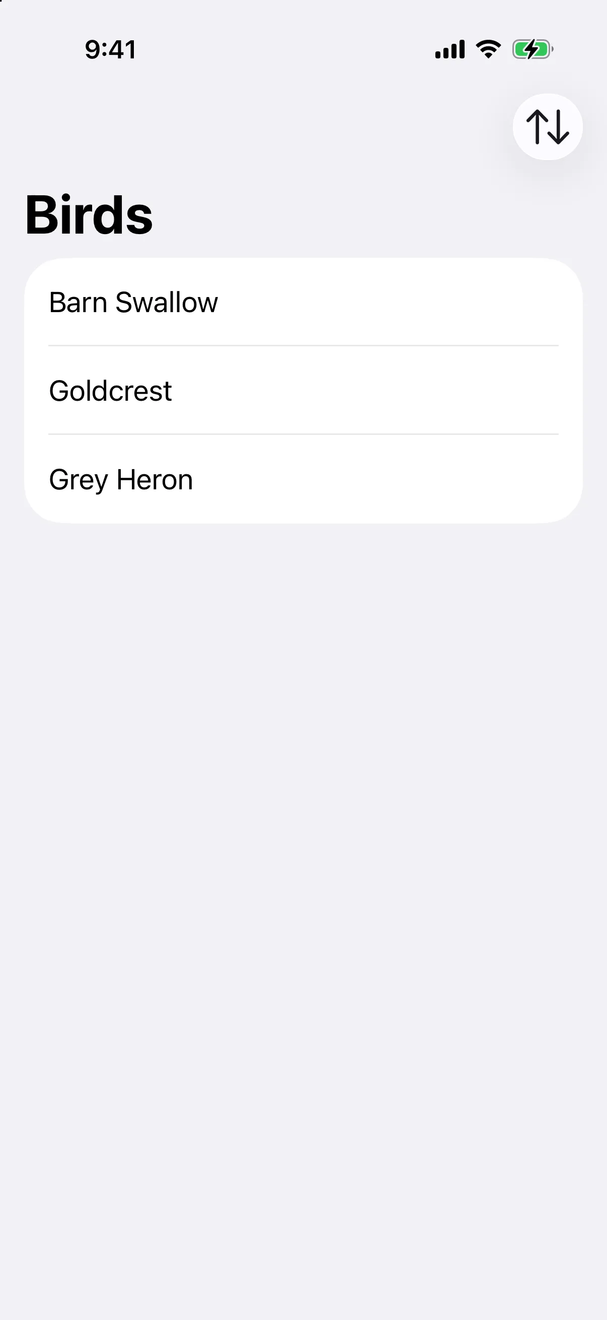 A Birds list with a sort button in the navigation bar
