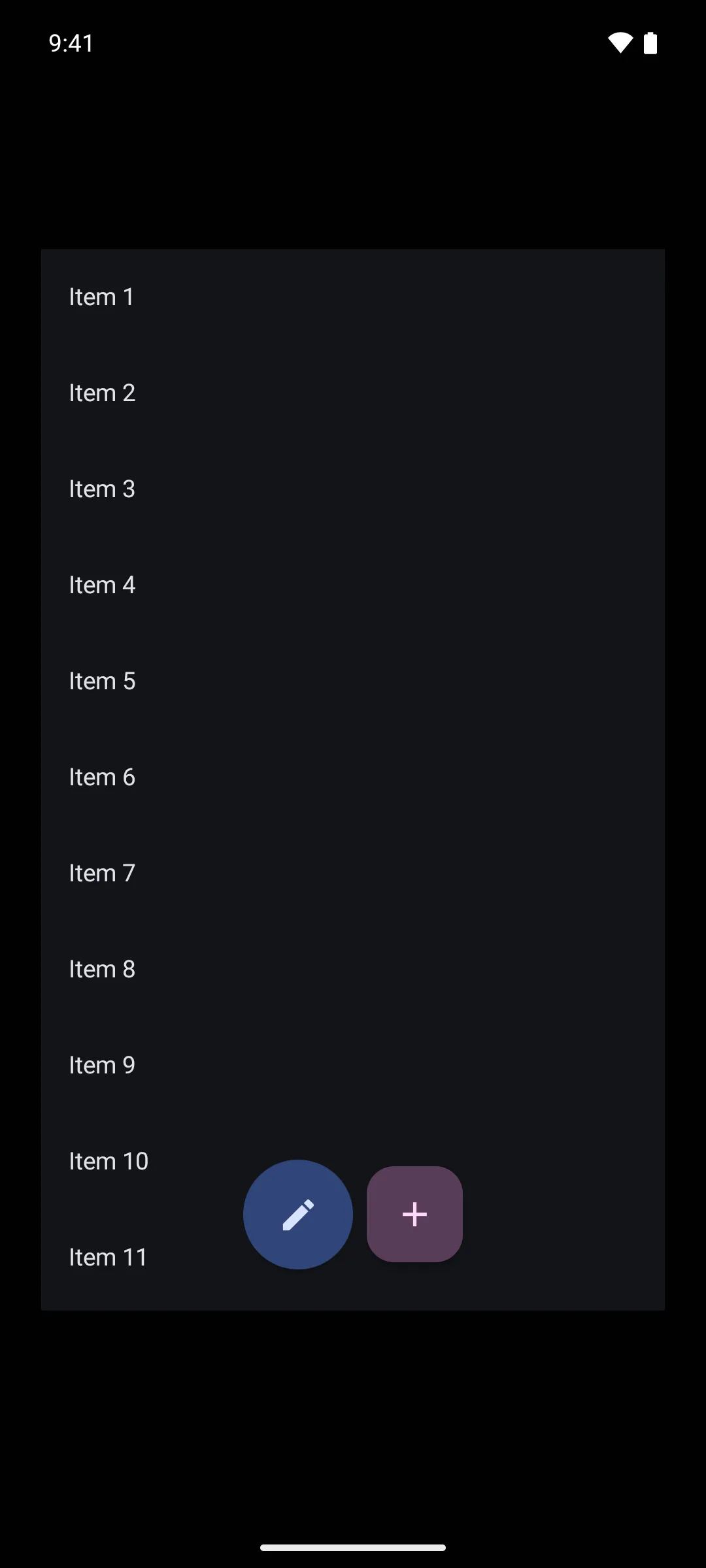 A floating toolbar with an edit button and an add button, centered over a scrollable list