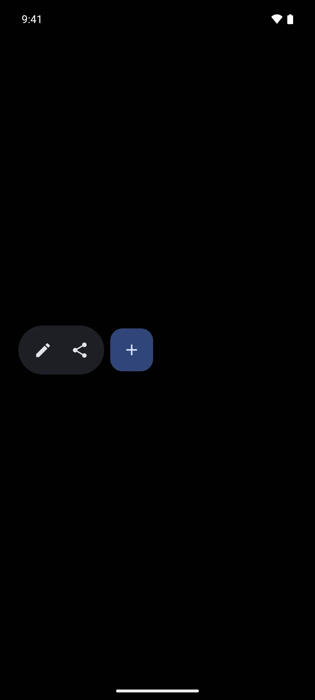 A pill shaped toolbar holding edit and share buttons, beside a separate add button