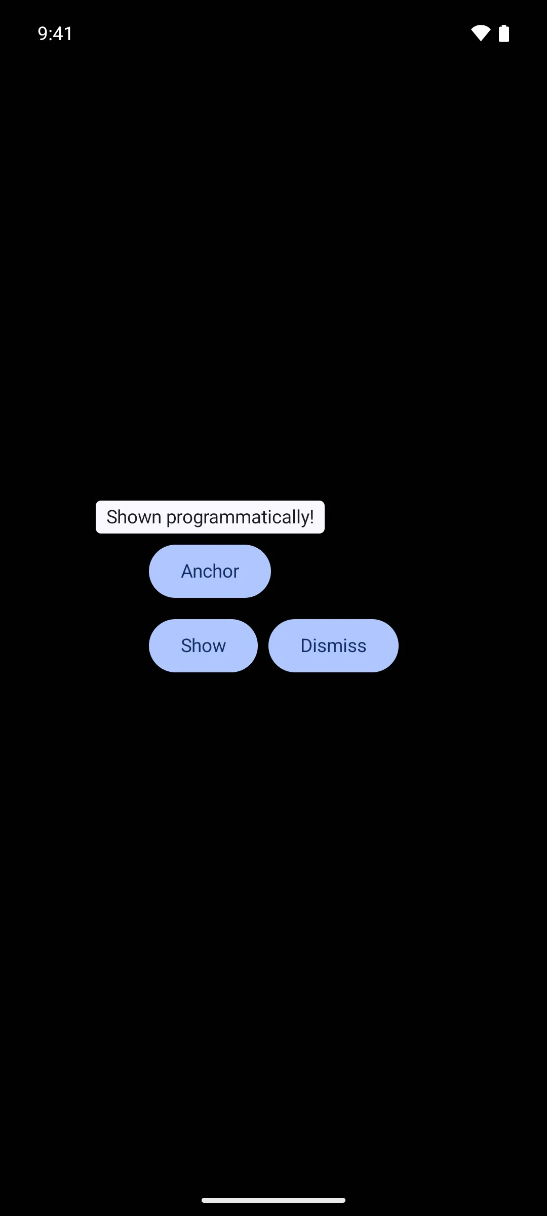 A tooltip reading Shown programmatically above an Anchor button, with Show and Dismiss buttons below