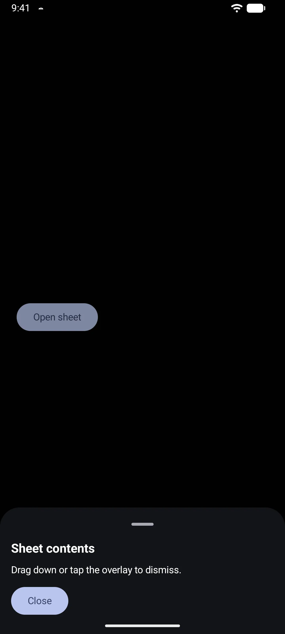 An open sheet titled Sheet contents with a Close button, over a dimmed screen