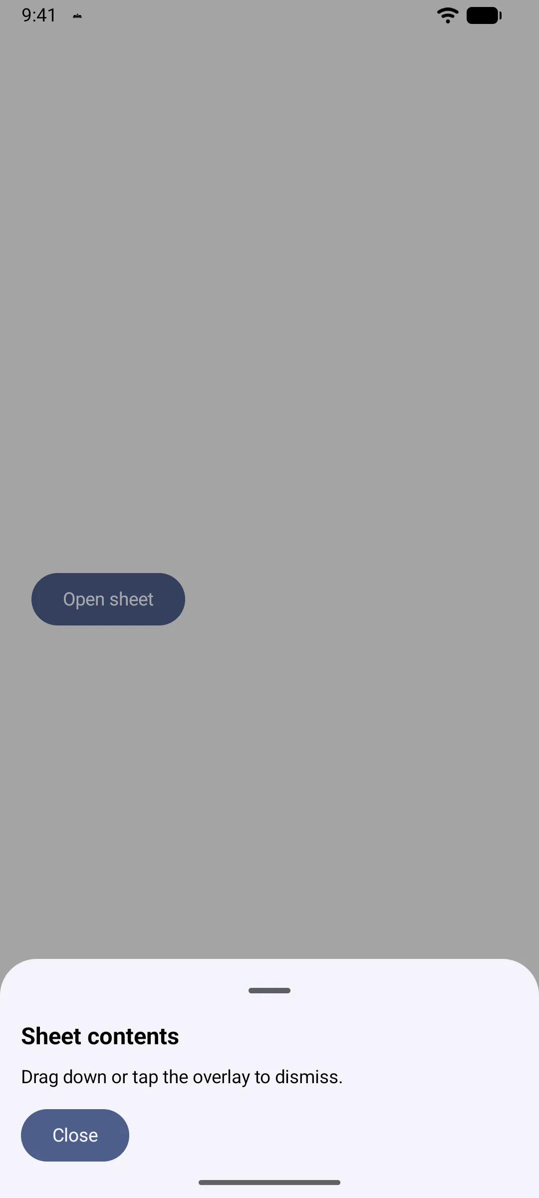 An open sheet titled Sheet contents with a Close button, over a dimmed screen