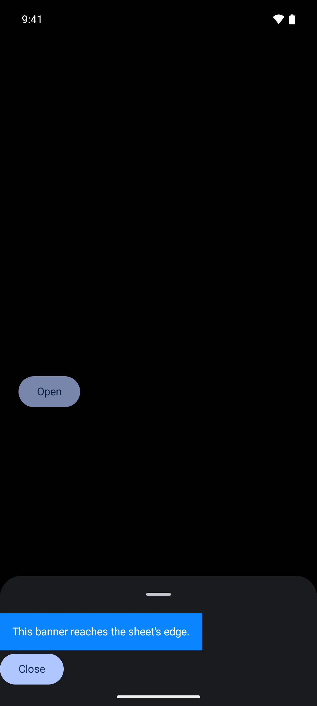 A bottom sheet whose blue banner reaches the sheet edge with no content padding
