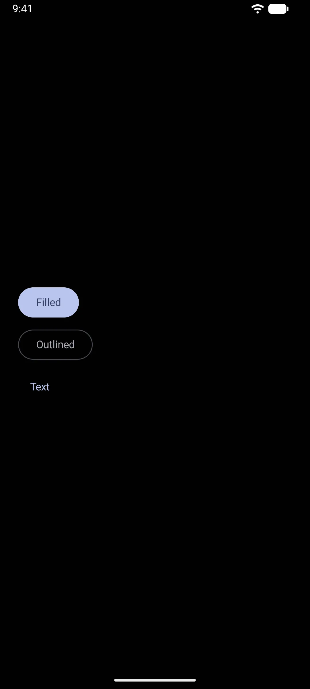 Filled, outlined, and text button variants stacked vertically
