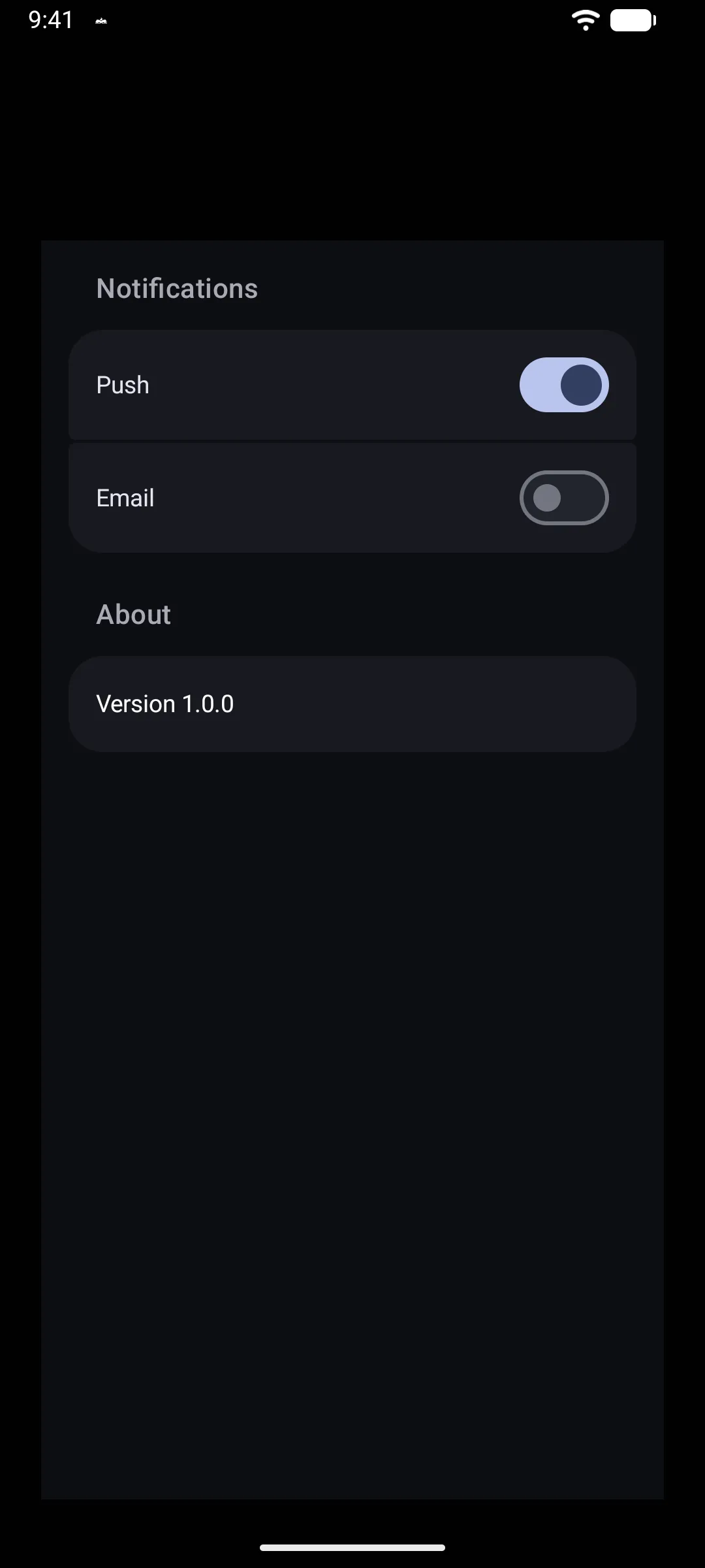 A Notifications section with Push on and Email off, above an About section