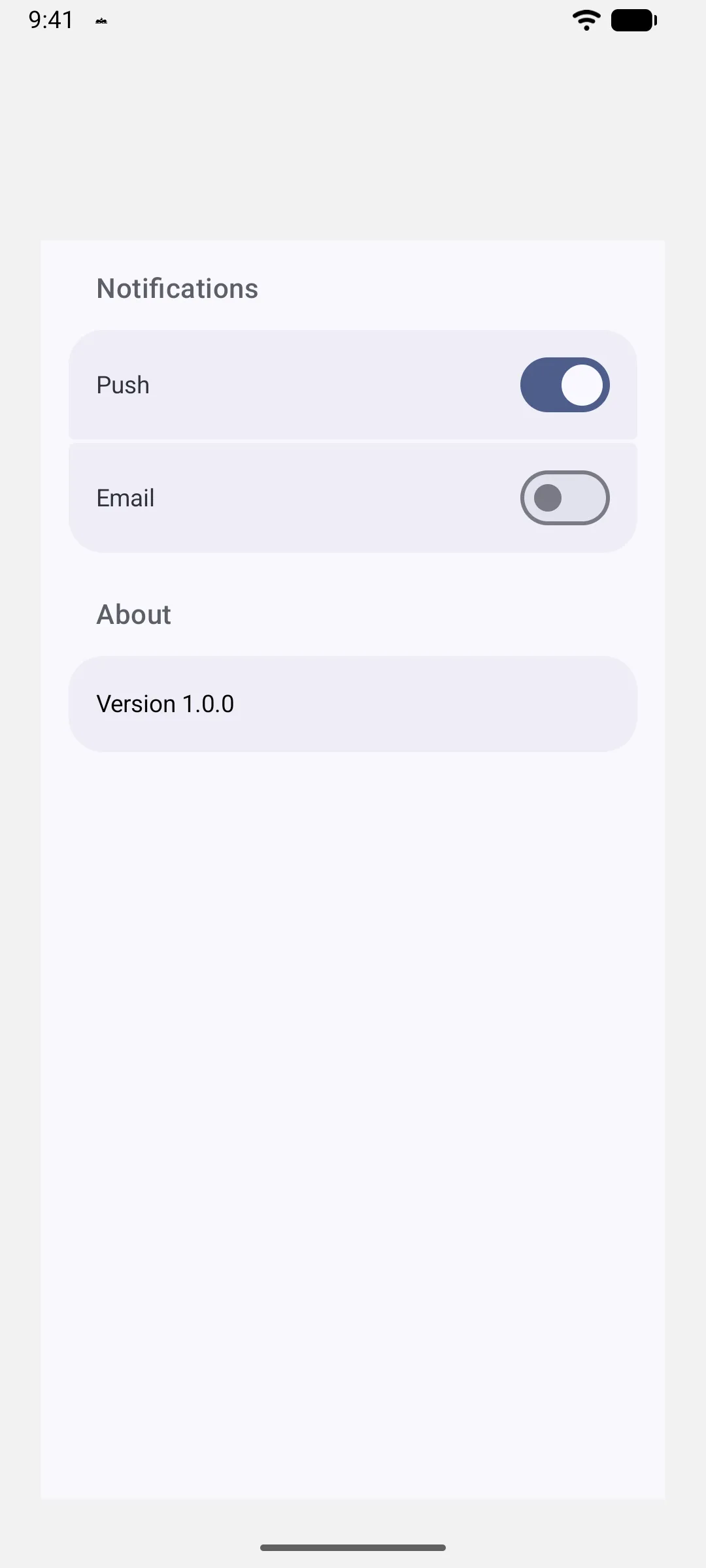 A Notifications section with Push on and Email off, above an About section