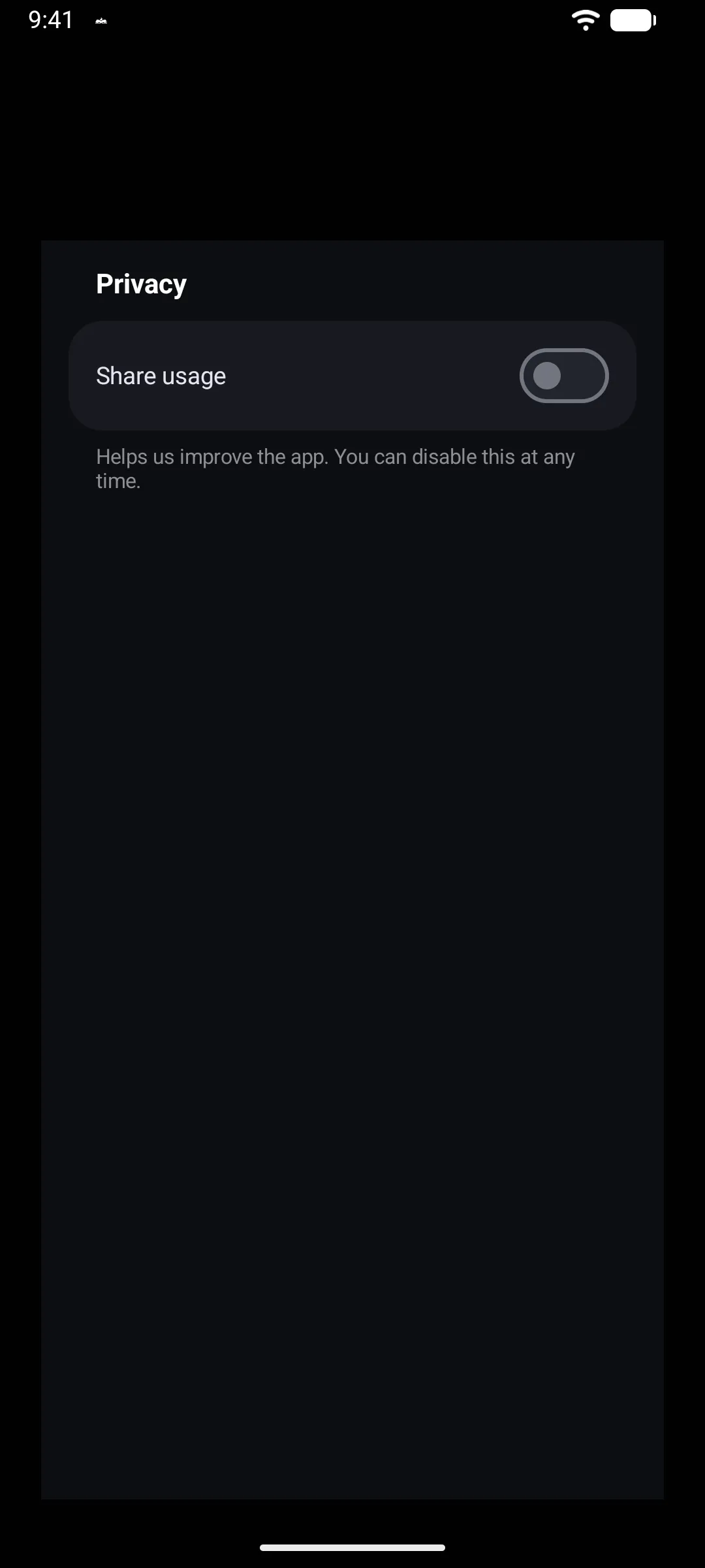 A Privacy section with a Share usage switch and a footnote below it