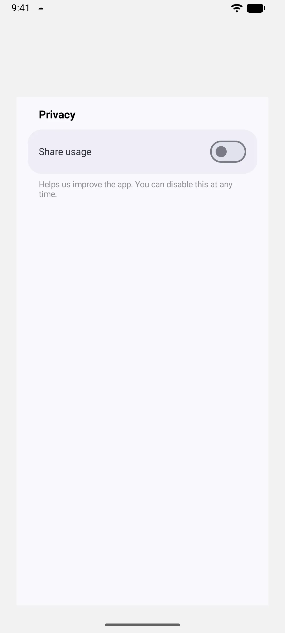 A Privacy section with a Share usage switch and a footnote below it