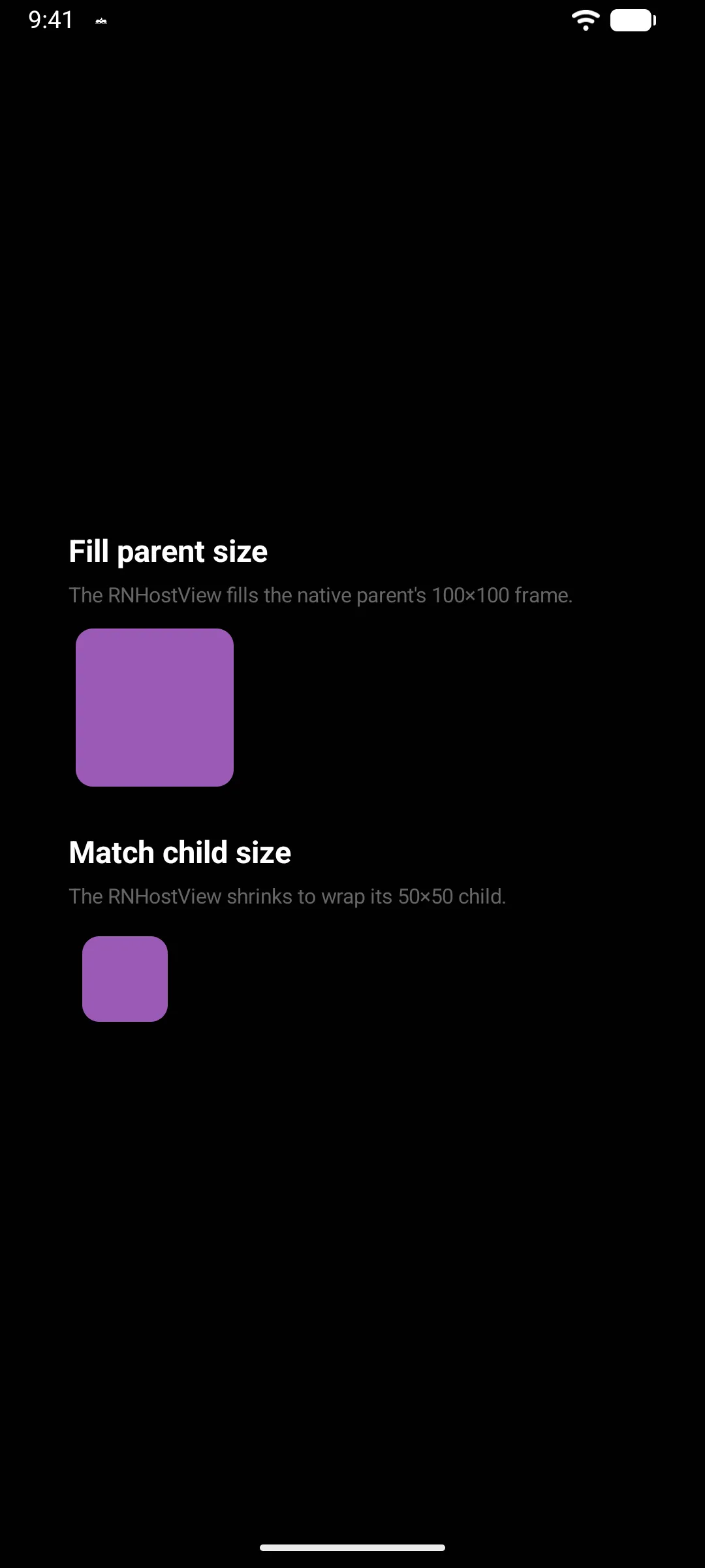 Two sections comparing a purple square that fills a 100 by 100 frame with a smaller 50 by 50 square