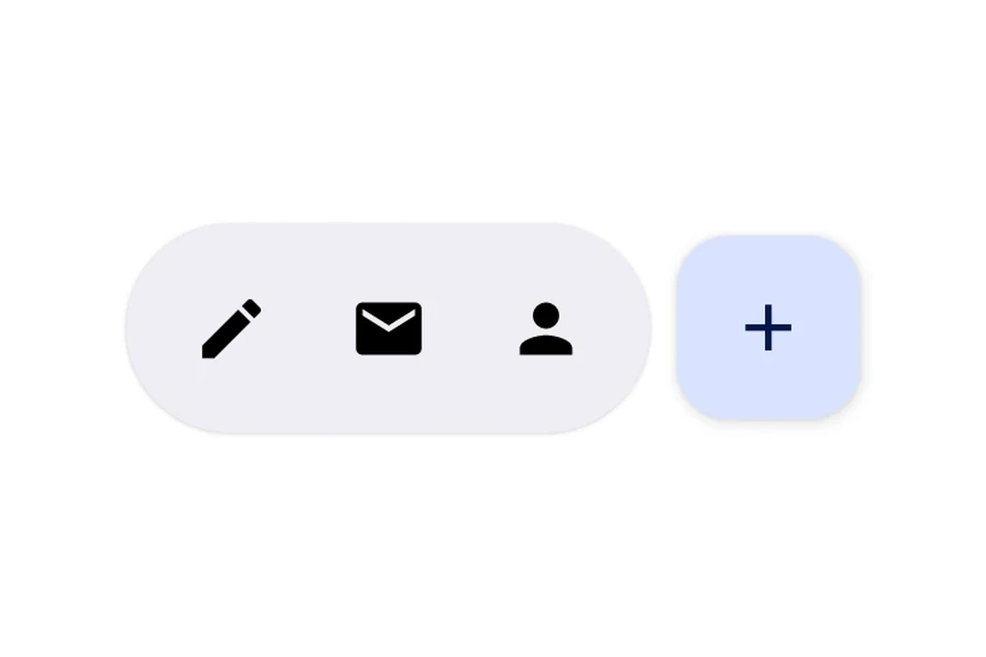 Pill-shaped floating toolbar with three icon buttons and a separate primary FAB