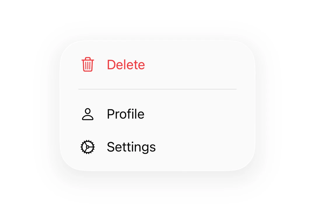 Open Menu showing Settings, Profile and a destructive Delete item
