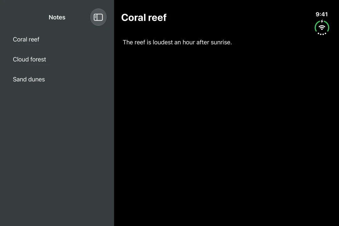 A Notes sidebar next to the detail of the selected note