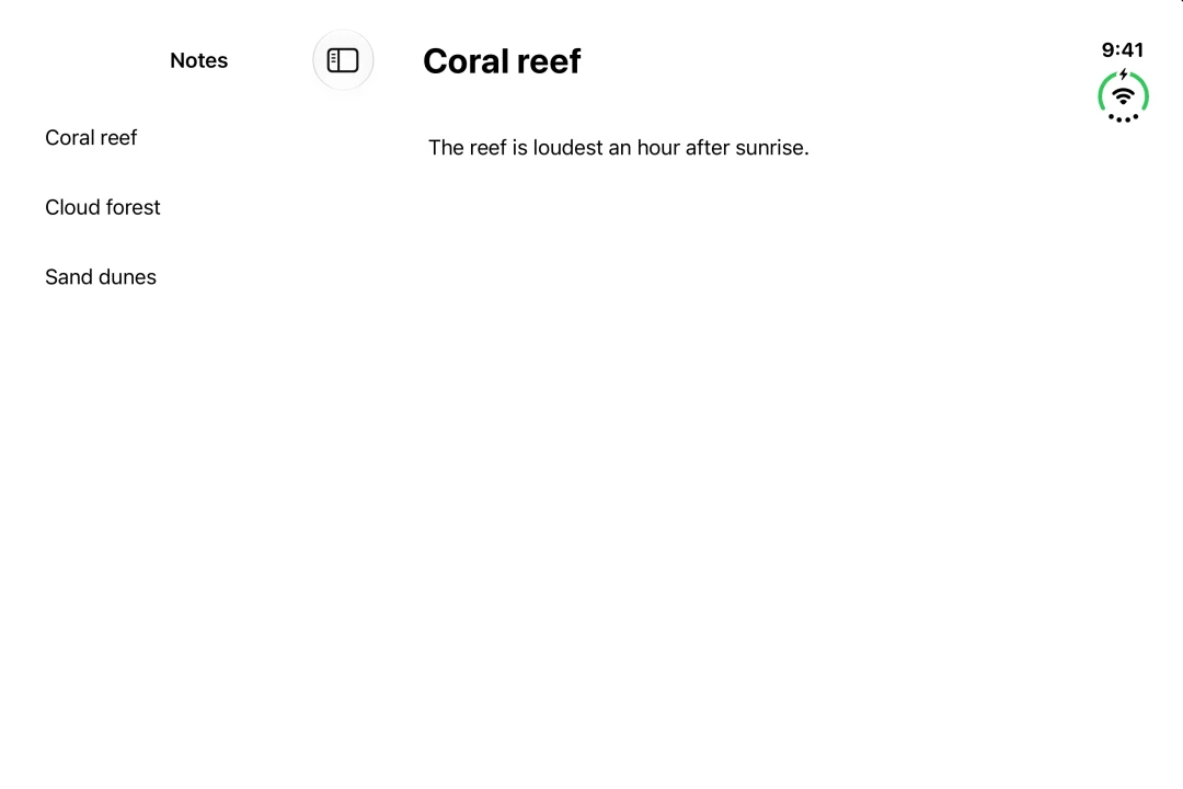 A Notes sidebar next to the detail of the selected note