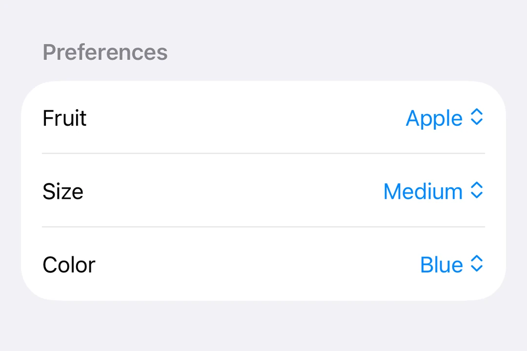 Menu-style Picker showing fruit options with the current selection checked