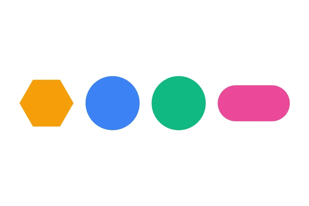 Four geometric shapes: hexagon, circle, rounded rectangle, and pill