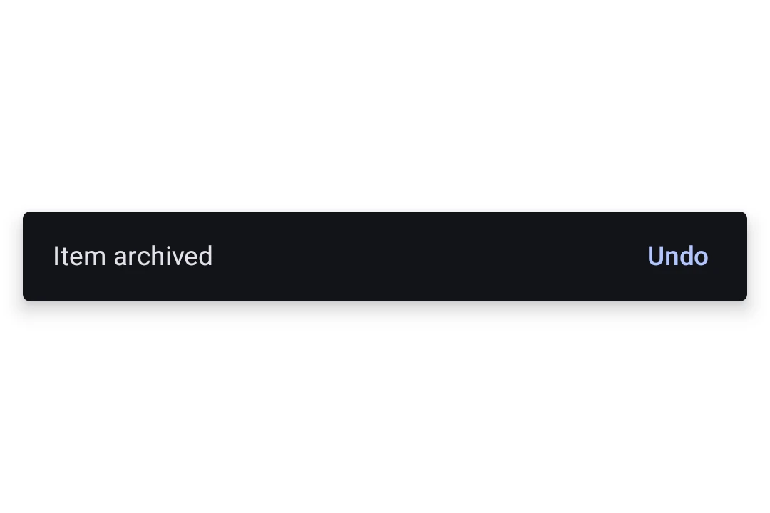 Material 3 snackbar showing the message 'Item archived' with an Undo action