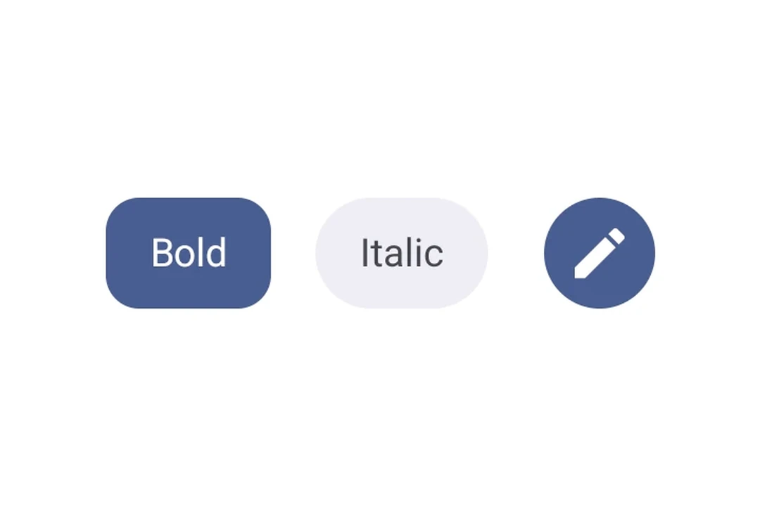 A toggle button with text and two icon toggle buttons in checked and unchecked states