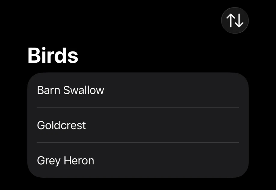 A Birds list with a sort button in the navigation bar