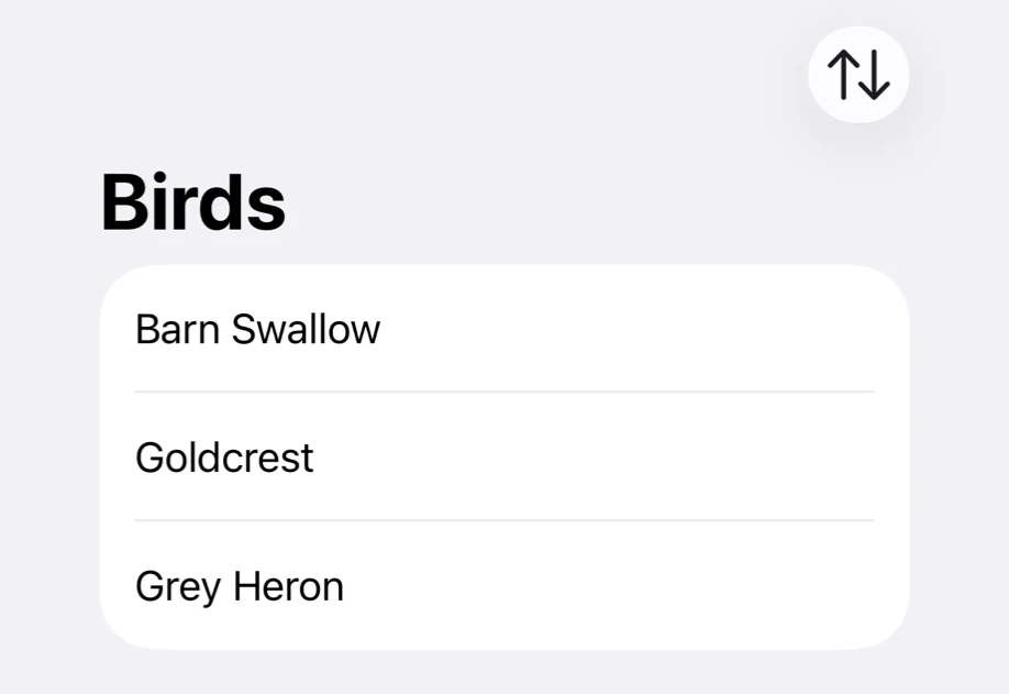 A Birds list with a sort button in the navigation bar