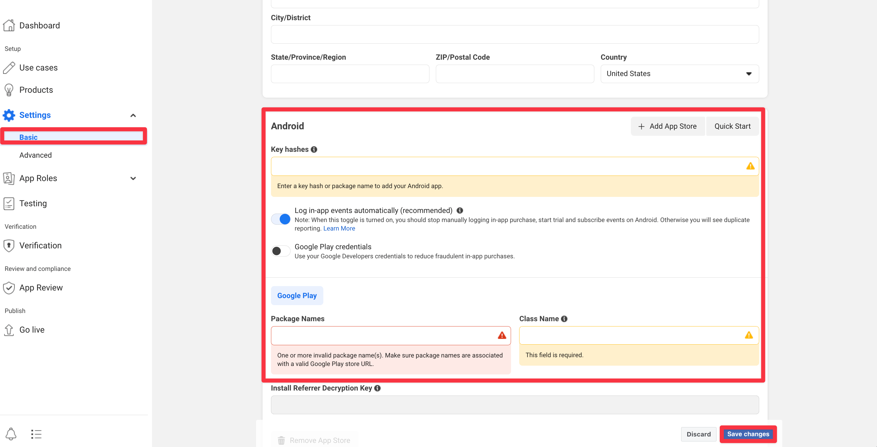 Required fields to add Android platform in the Facebook project.