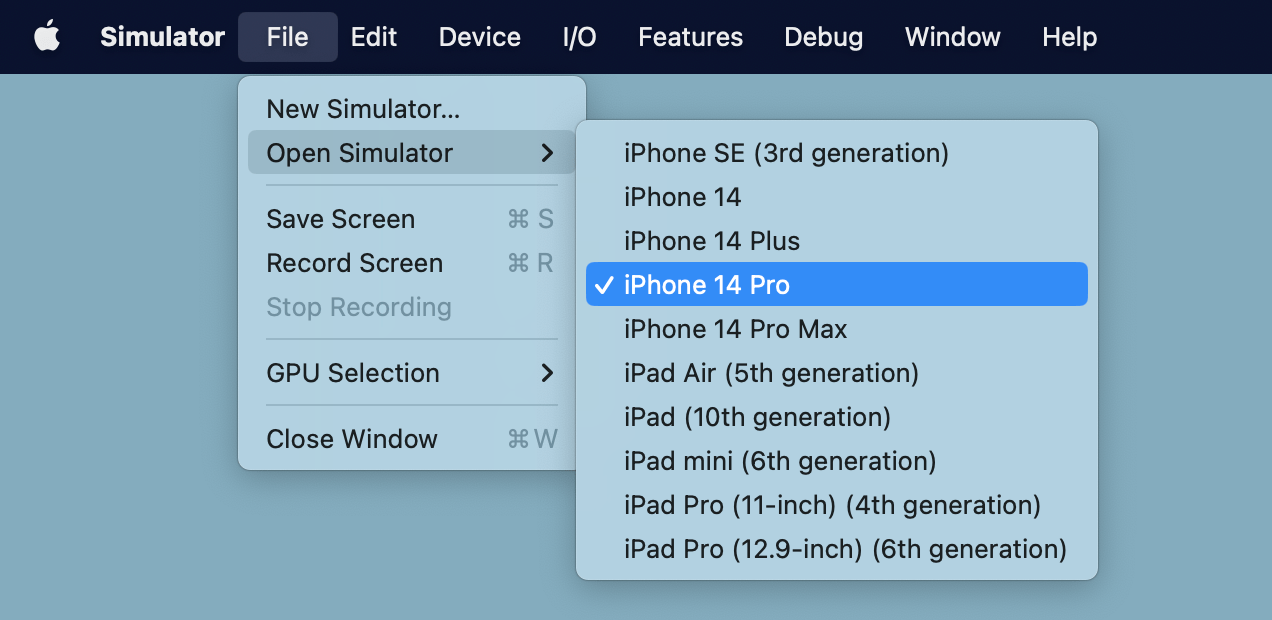 Opening a simulator manually from the macOS toolbar.