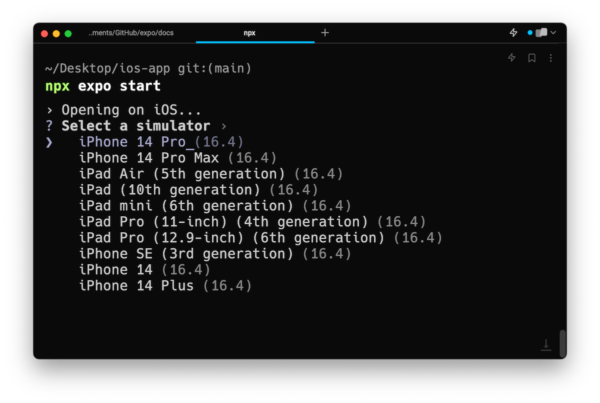 List of iOS Simulators in the Expo CLI UI.