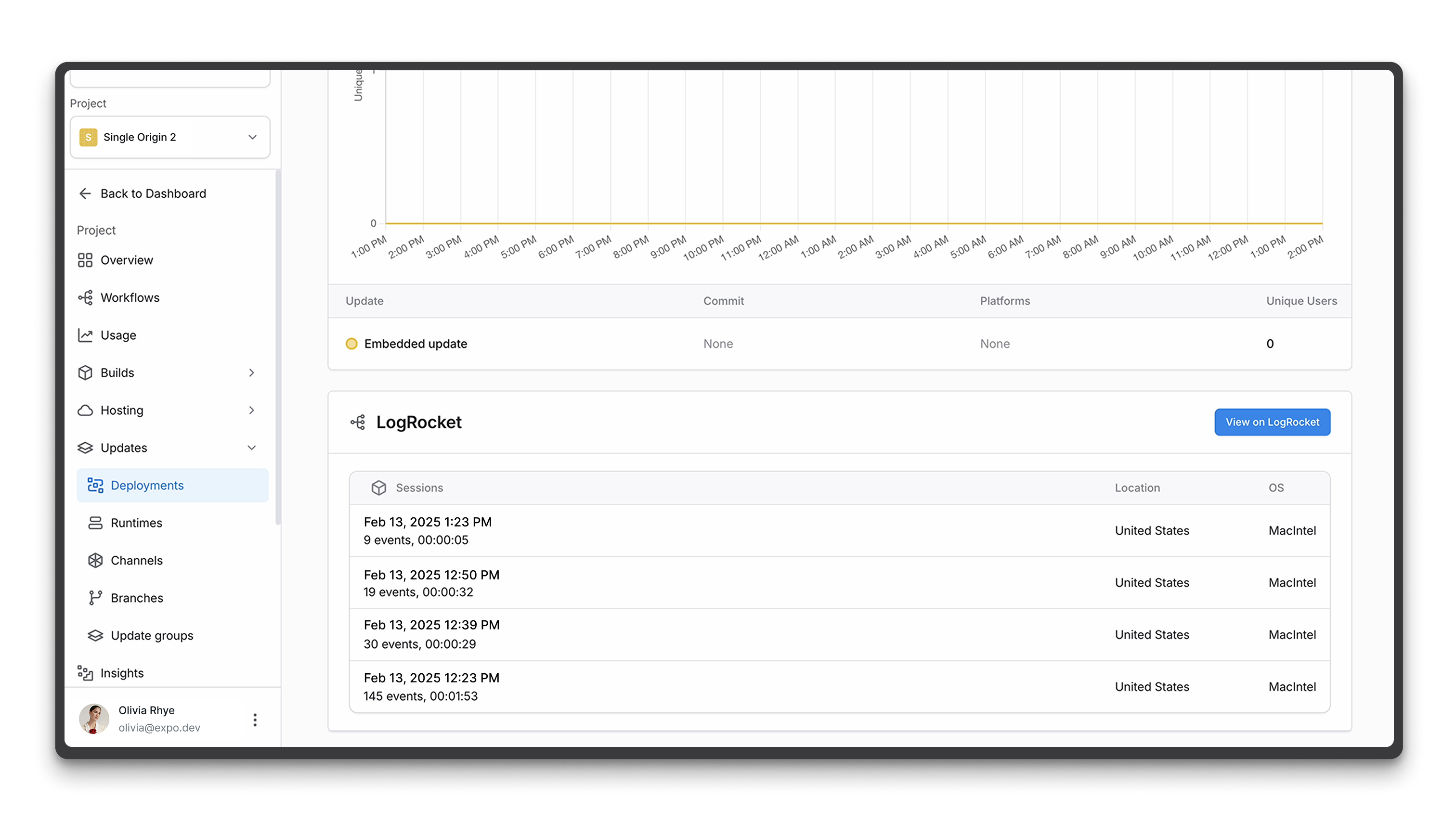 View on LogRocket button and sessions in the deployment dashboard.