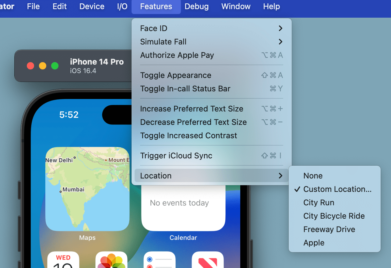 Location settings in iOS simulator.