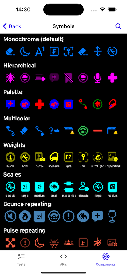 A collection of the Symbols from the Expo Symbols shown on an iOS device.