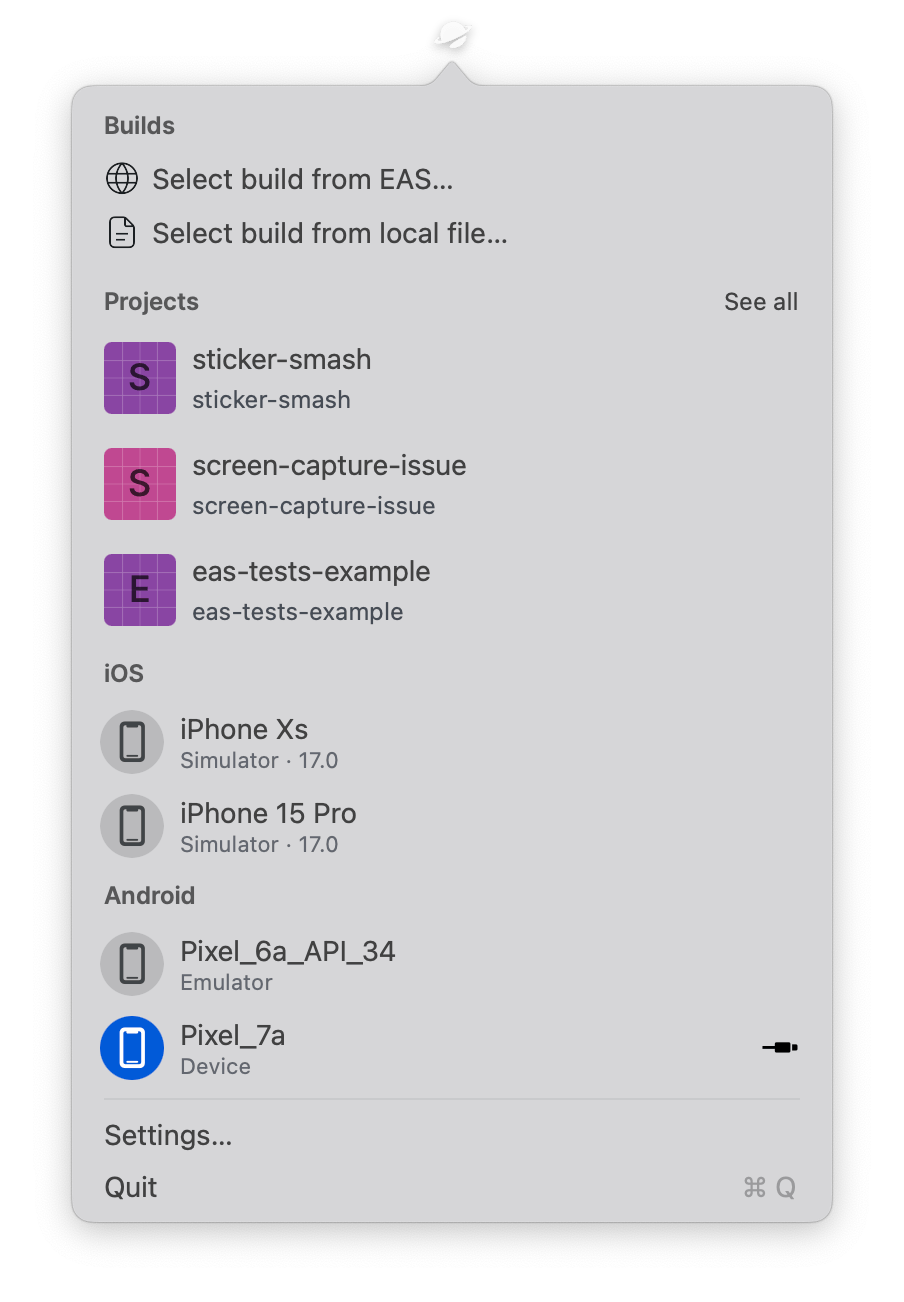 Expo Orbit app interface when connected to an Android device