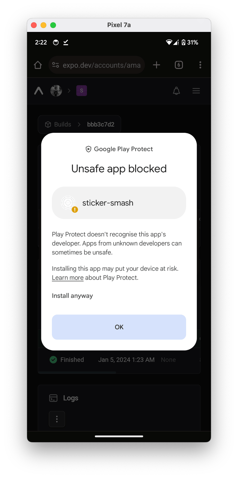 Unsafe app message dialog on Android device when installing development build