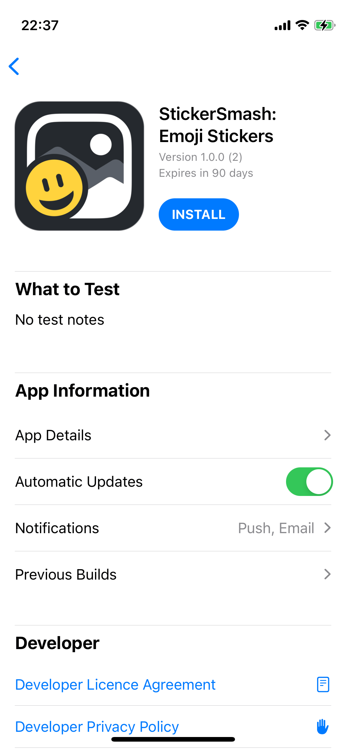 TestFlight app showing the app to install