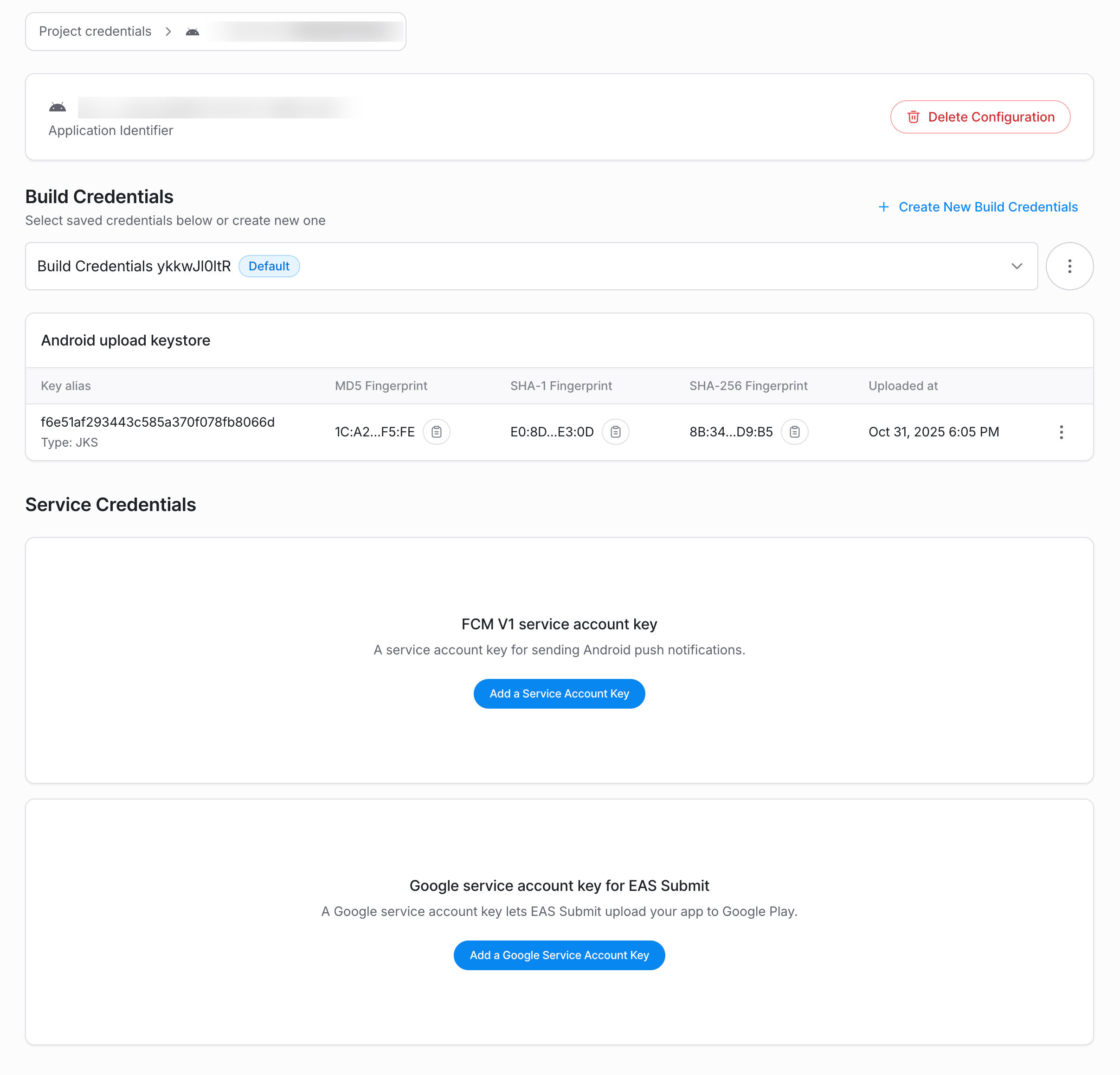 Uploading the Google Service Account key to EAS dashboard under Change Google Service Account Key