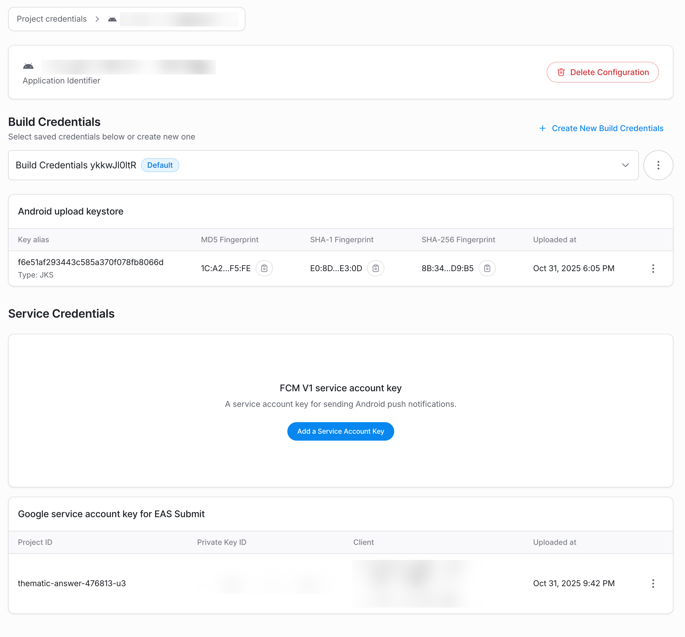 Uploading the Google Service Account key to EAS dashboard under Service Credentials