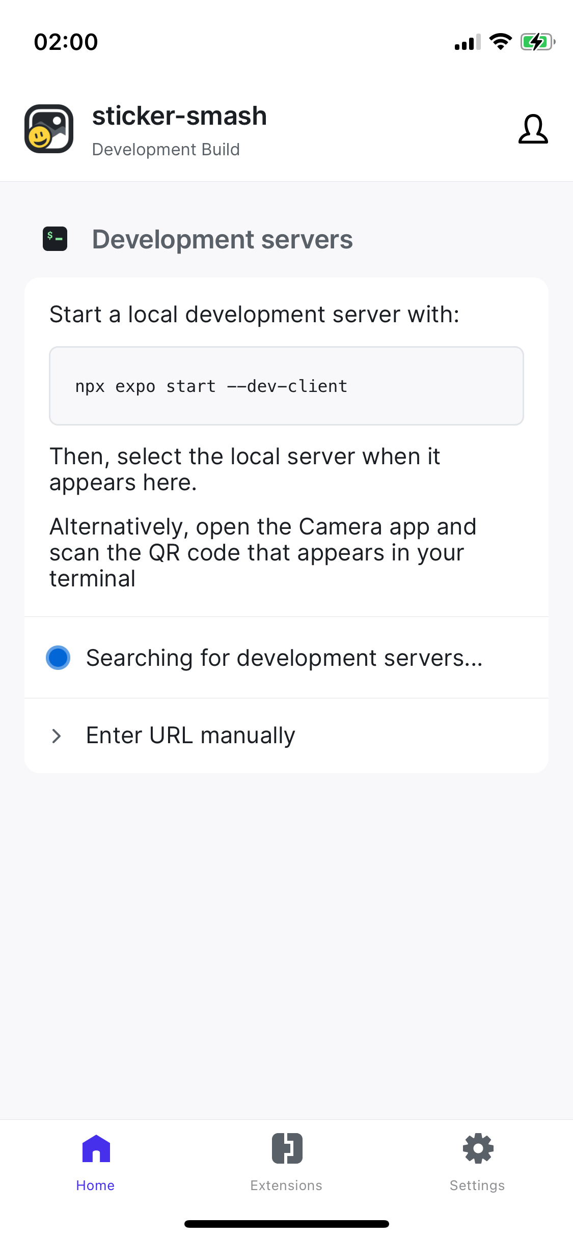 Development build's launcher UI on iOS device